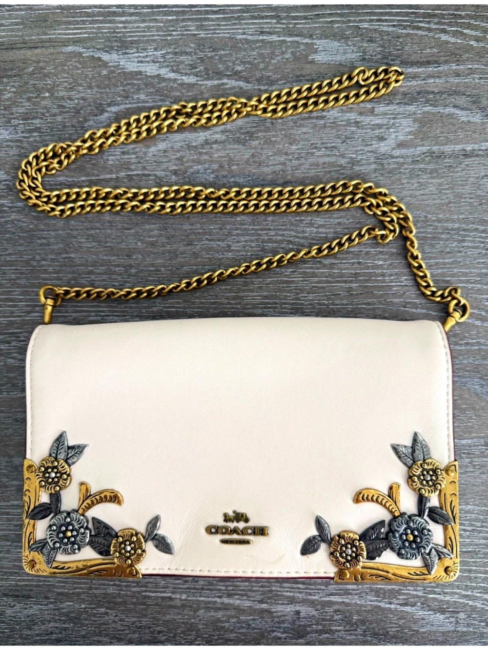 Coach 1941 Callie White Leather Floral Appliqué Chain Crossbody